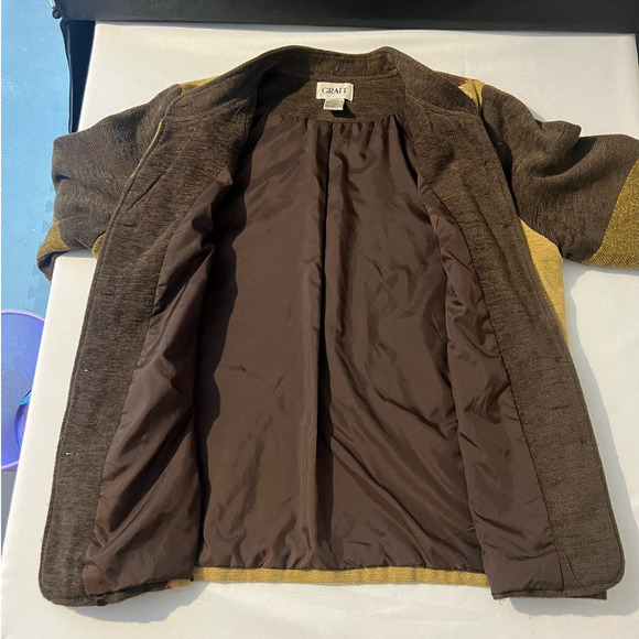 Women's Vintage GRAFF Cardigan Sweater Brown Tan Patchwork Embroidered Size L - Picture 7 of 10